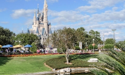 Disney Magic Kingdom overlooking Cinderella Castle from a distance in the day time