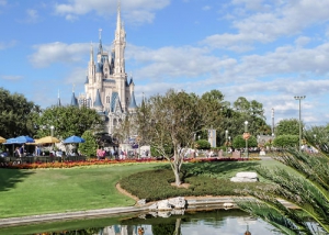 Disney Magic Kingdom overlooking Cinderella Castle from a distance in the day time