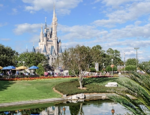 View of Cinderella Castle looking across the water far away