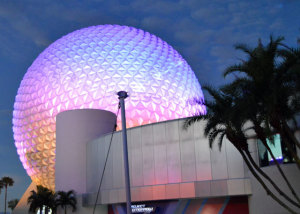View of the Epcot Spaceship Earth at night various colors