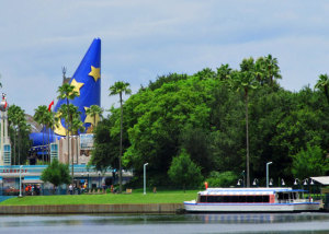 View of Hollywood Studios from the Walking Path with Water Transportation and Mickey's Sorcerers Hat in View