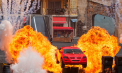 View of car jumping through fire at the Lights Camera Action Show Hollywood Studios Orlando