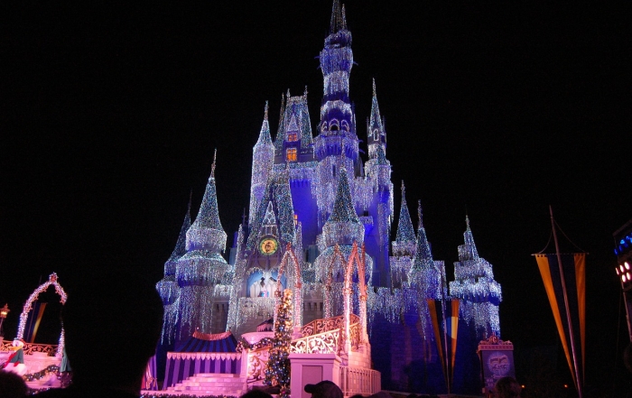 Cinderella's Castle Lit up for the Mickey's Very Merry Christmas Party at Disney World