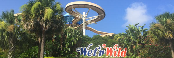 Sign at the entrance for Wet and Wild Water Park in Orlando Fl Banner